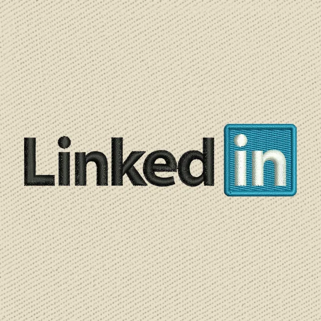 Diseño de bordado texto negro LinkedIn con in azul