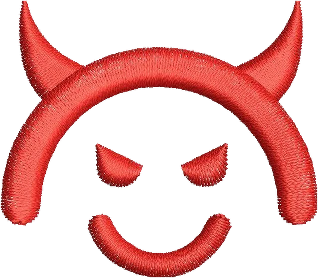 Ricamo Viso di diavolo rosso sorridente con corna su tessuto