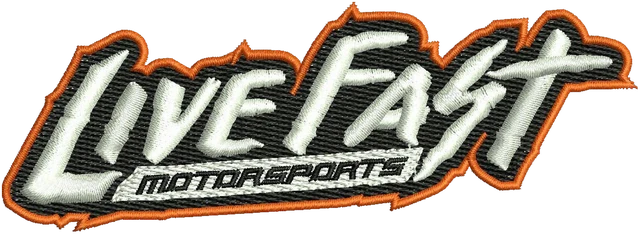Live Fast Motorsports Black Orange Logo Embroidery Design embroidery design shown stitched on fabric