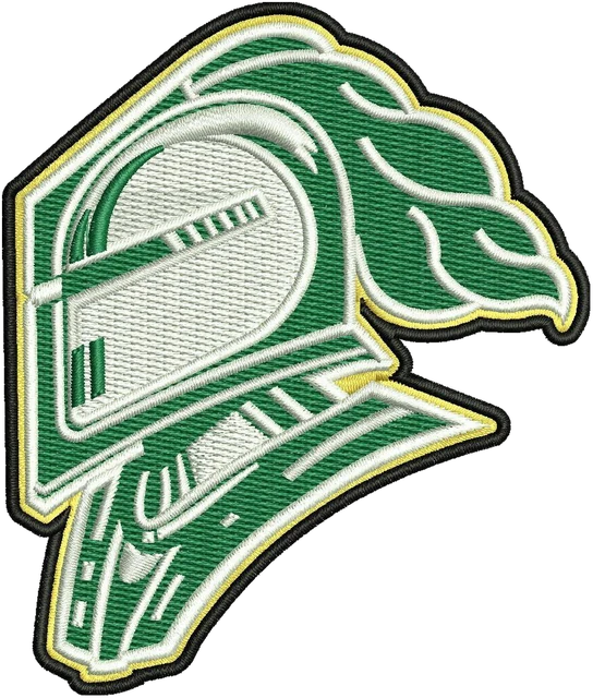 London Knights Green Helmet Logo embroidery design shown stitched on fabric