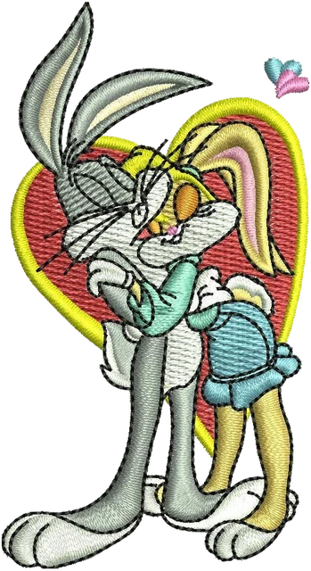 Bugs Bunny Hugging Lola Bunny Heart Embroidery Design embroidery design shown stitched on fabric