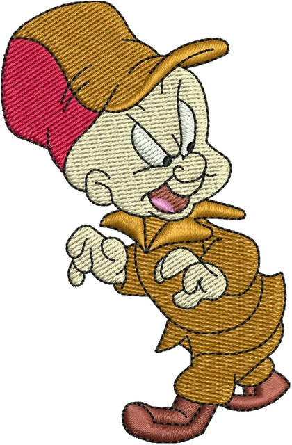 Stickdatei Looney Tunes Elmer Fudd lachend auf Stoff gestickt