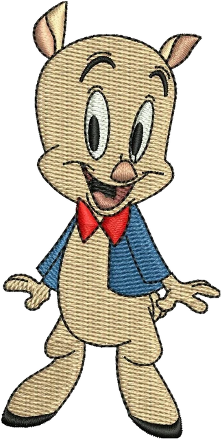 Porky Pig in Blue Jacket and Bow Tie embroidery design shown stitched on fabric