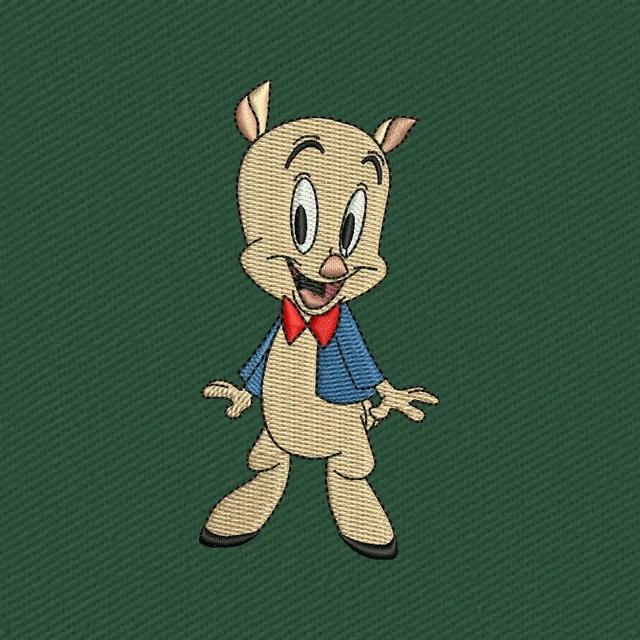Diseño de bordado Porky Pig con chaqueta azul y pajarita