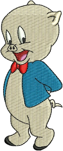 Looney Tunes Porky Pig Hands Behind embroidery design shown stitched on fabric