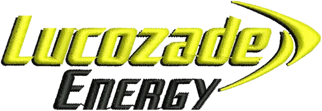 Lucozade Energy Yellow Black Wordmark Embroidery Design embroidery design shown stitched on fabric