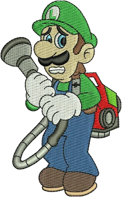 Stickdatei Luigi mit Geisterstaubsauger auf Stoff gestickt