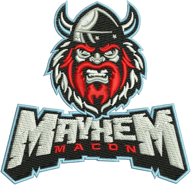 Stickdatei Macon Mayhem Logo mit Wikinger auf Stoff gestickt