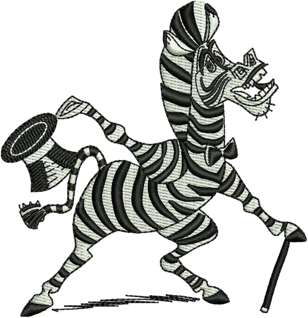 Marty Zebra Dancing with Cane embroidery design shown stitched on fabric