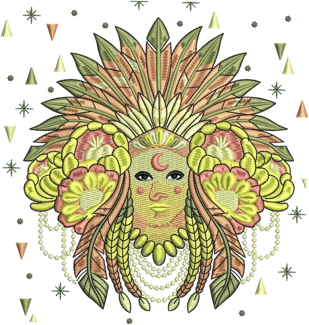 Mayan Goddess with Feather Headdress Embroidery Design embroidery design shown stitched on fabric