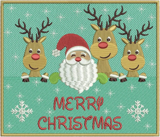 Stickdatei Weihnachtspanel mit Santa und drei Rentieren auf Stoff gestickt