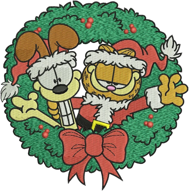 Merry Christmas Garfield and Odie Embroidery Design embroidery design shown stitched on fabric
