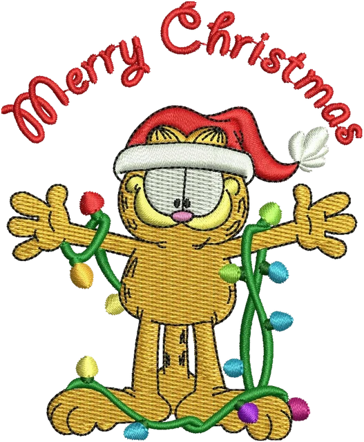 Ricamo Buon Natale con Garfield animato su tessuto