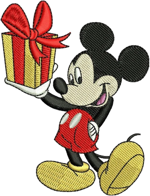 Mickey Mouse with a Gift Embroidery Design embroidery design shown stitched on fabric