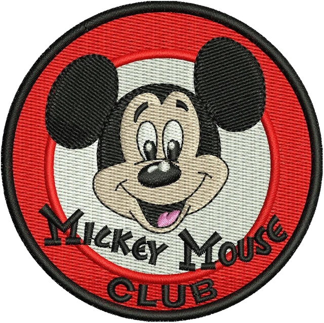 Mickey Mouse Club Badge embroidery design shown stitched on fabric