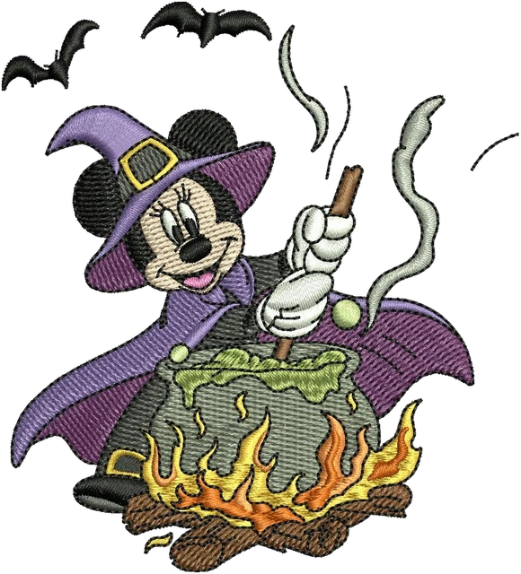 Minnie Mouse Halloween Witch Cauldron embroidery design shown stitched on fabric