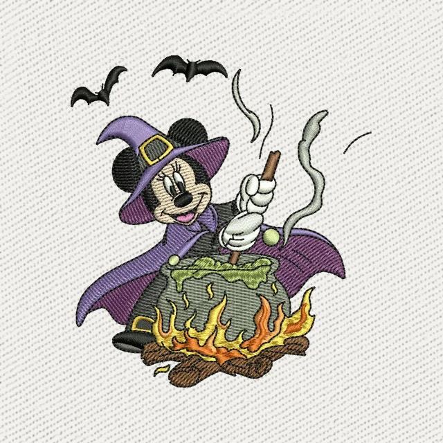 Disegno da ricamo Minnie Mouse strega Halloween con calderone