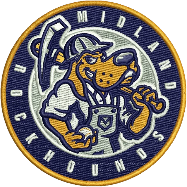 Midland RockHounds Round Miner Dog Logo embroidery design shown stitched on fabric