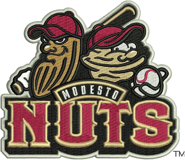 Modesto Nuts Peanut Baseball Logo embroidery design shown stitched on fabric