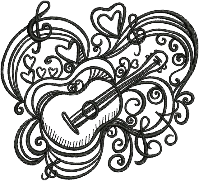Stickdatei Music Notes and Guitar Stickdatei auf Stoff gestickt
