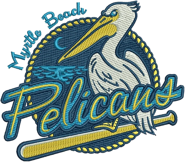 Myrtle Beach Pelicans Baseball Logo embroidery design shown stitched on fabric