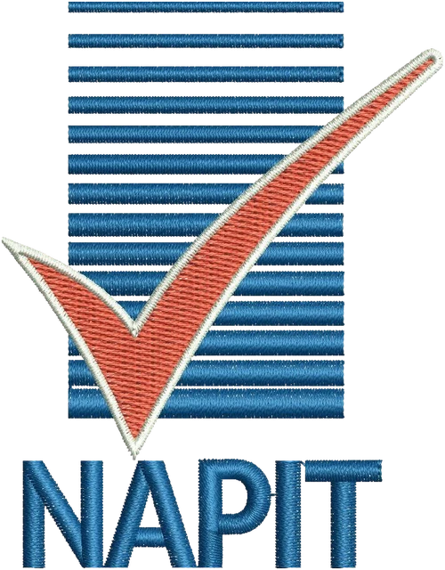 NAPIT Blue Stripe and Red Tick Logo Embroidery Design embroidery design shown stitched on fabric