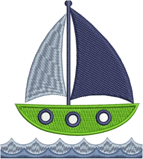 Navy Blue and Lime Green Sailboat embroidery design shown stitched on fabric