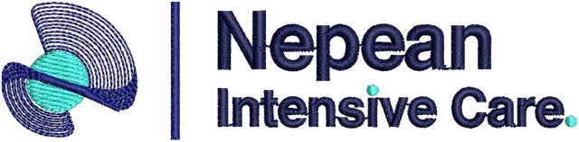 Nepean Intensive Care Purple Teal Logo Embroidery Design embroidery design shown stitched on fabric