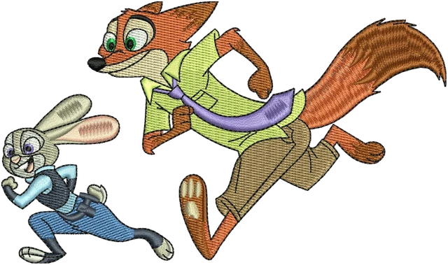 Diseño de bordado Nick Wilde y Judy Hopps corriendo sobre tela