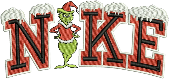 Stickdatei Grinch und rote NIKE-Buchstaben mit Schnee auf Stoff gestickt