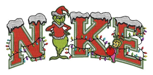 Diseño de bordado Grinch con letras NIKE y luces de Navidad sobre tela