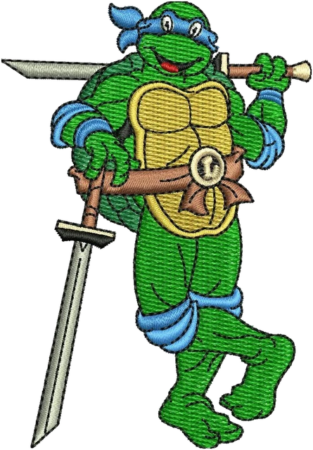 Leonardo Teenage Mutant Ninja Turtles embroidery design shown stitched on fabric