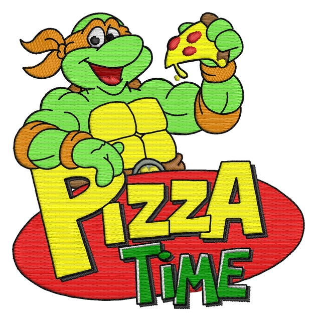 Teenage Mutant Ninja Turtles Pizza Time embroidery design shown stitched on fabric