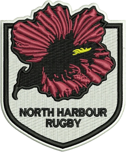 North Harbour Rugby Hibiscus Shield Logo embroidery design shown stitched on fabric