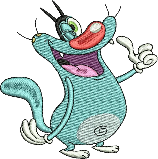 Stickdatei Oggy zeigt nach oben mit offenem Mund Stickdatei auf Stoff gestickt