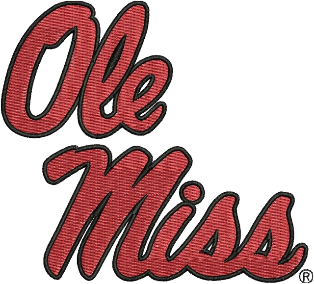 Ole Miss University of Mississippi Logo Embroidery Design embroidery design shown stitched on fabric