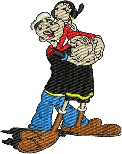 Diseño de bordado Olive Oyl abrazando a Popeye sobre tela