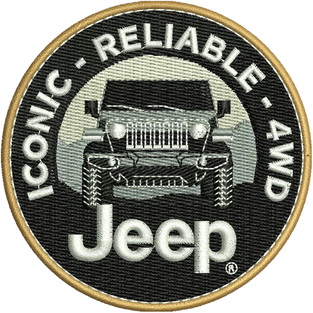 Stickdatei Open Road Brands Jeep Iconic Reliable 4WD Stickdatei auf Stoff gestickt