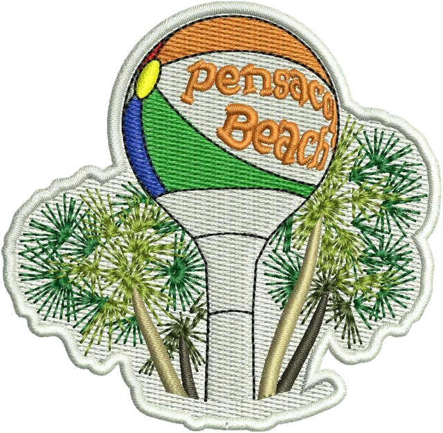 Stickdatei Pensacola Beach Ball and Palms Stickdatei auf Stoff gestickt