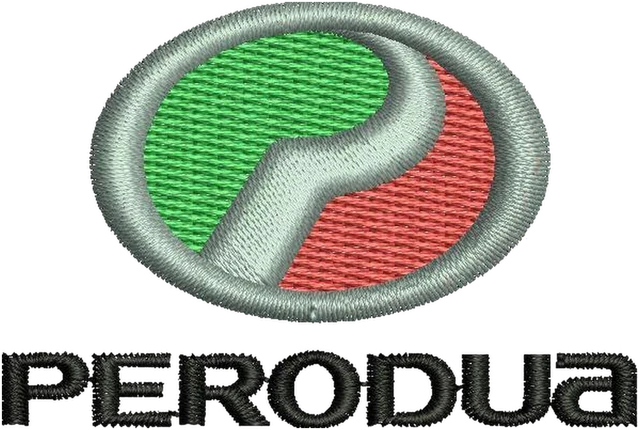 Diseño de bordado Diseño de bordado Perodua óvalo verde rojo con texto sobre tela