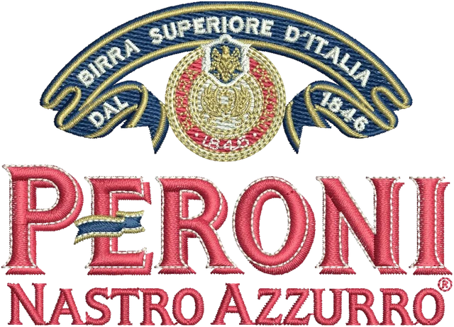 Peroni Beer Brewery Logo Embroidery Design embroidery design shown stitched on fabric