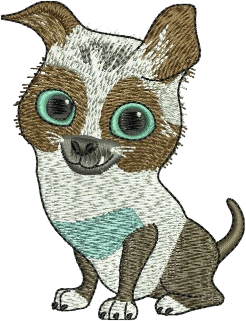 Perrito big-eyed dog character embroidery design shown stitched on fabric