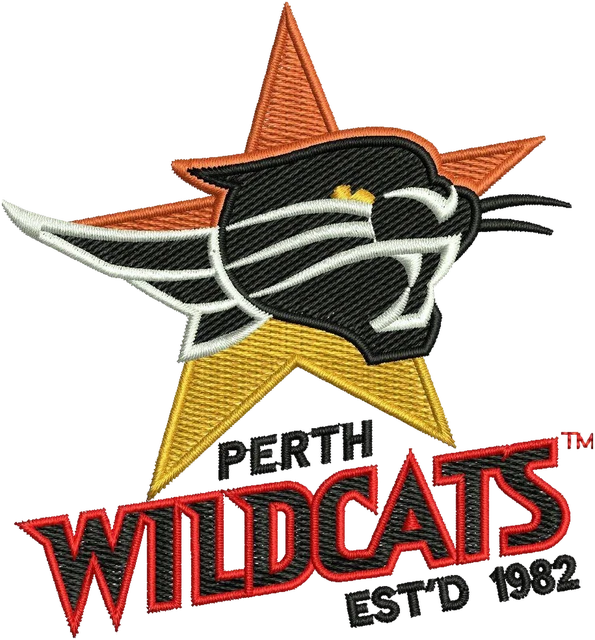 Stickdatei Perth Wildcats Retro-Basketballlogo auf Stoff gestickt
