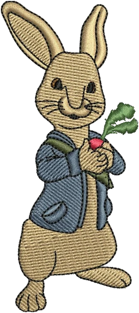 Peter Rabbit Holding a Radish embroidery design shown stitched on fabric