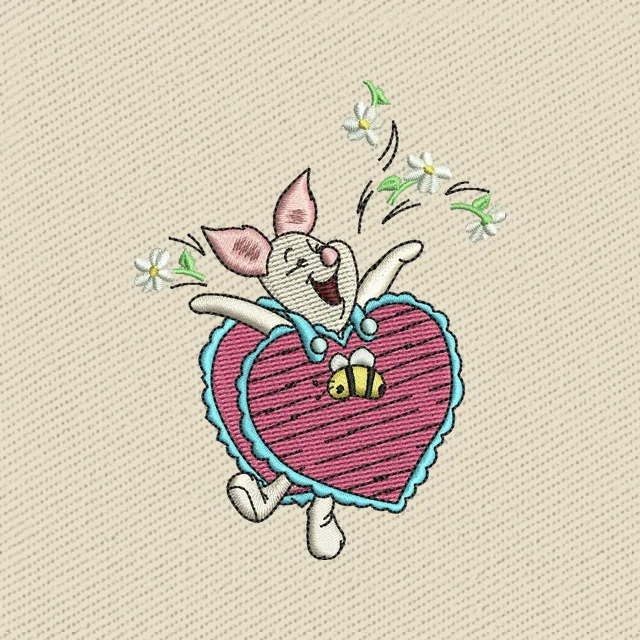 Piglet Dancing in Pink Heart with Flowers Embroidery Design