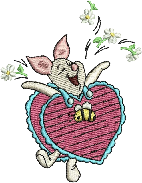 Ricamo Disegno da ricamo Pimpi balla nel cuore rosa con fiori su tessuto