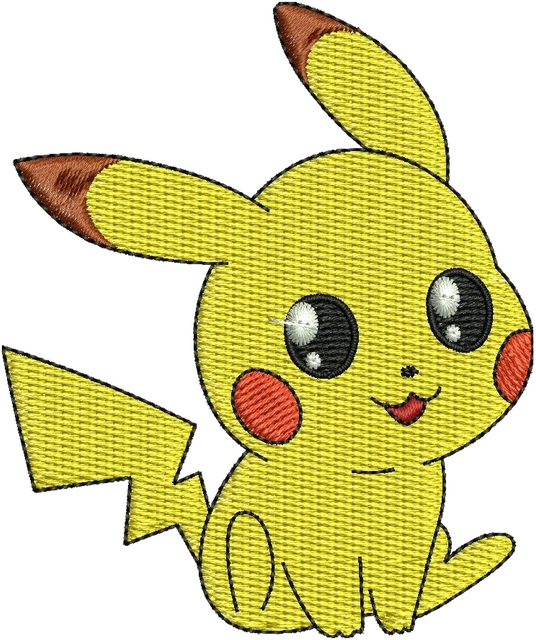 Cute Sitting Pikachu Pokémon Character embroidery design shown stitched on fabric