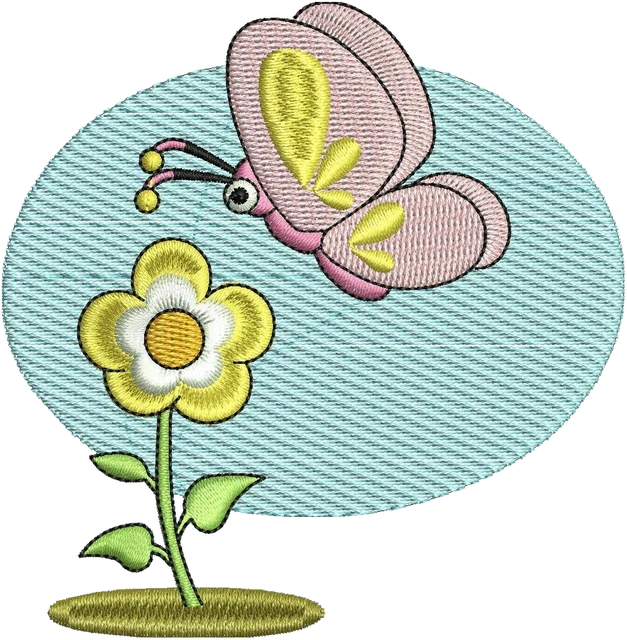 Stickdatei Pink Butterfly and Yellow Flower Stickdatei auf Stoff gestickt
