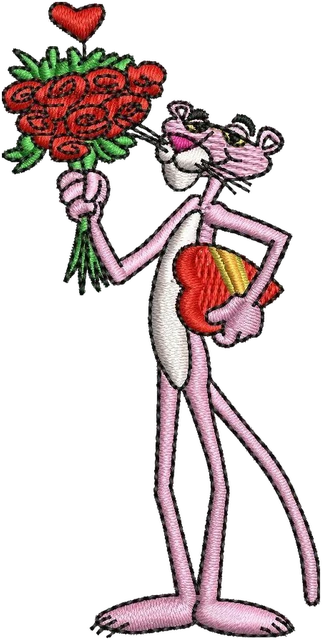 Pink Panther Valentine Roses embroidery design shown stitched on fabric