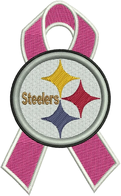 Stickdatei Pittsburgh Steelers Logo mit rosa Schleife auf Stoff gestickt